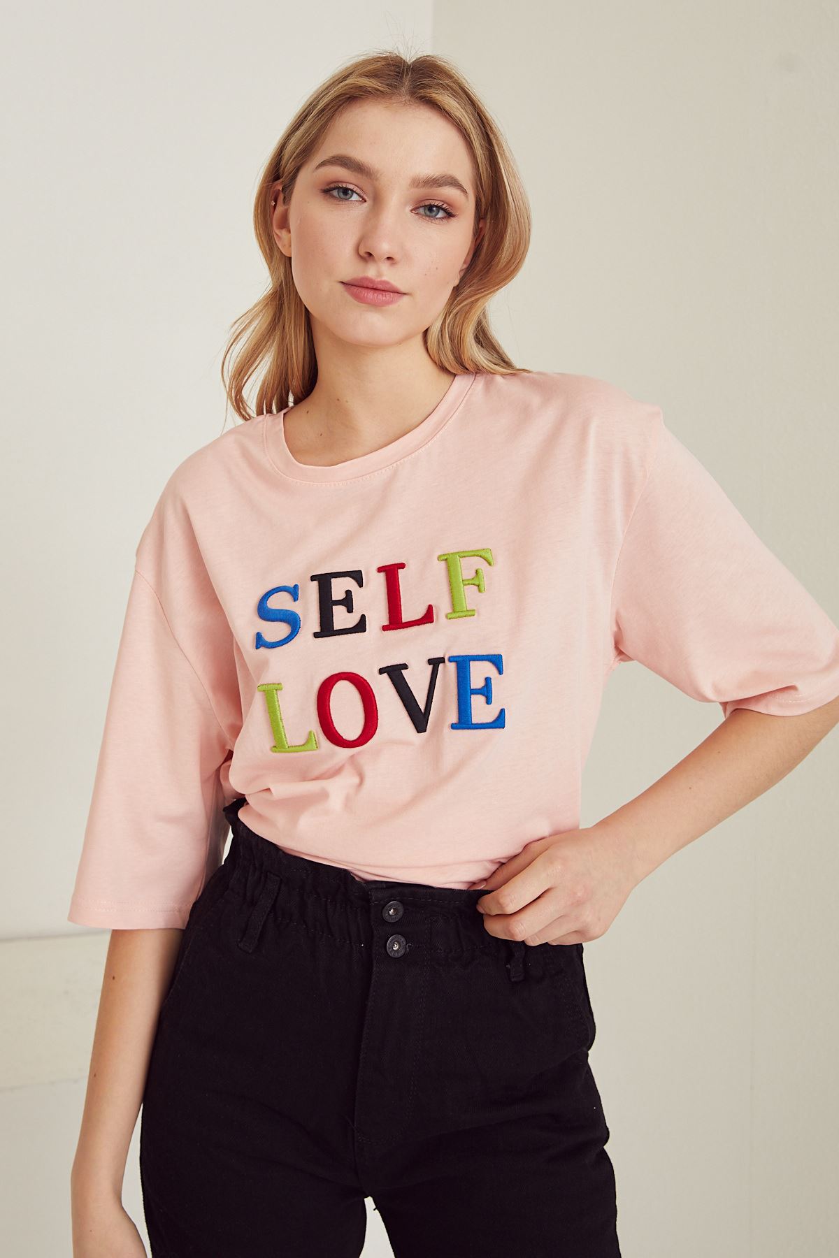 Self Love Baskılı T-shirt-Pudra