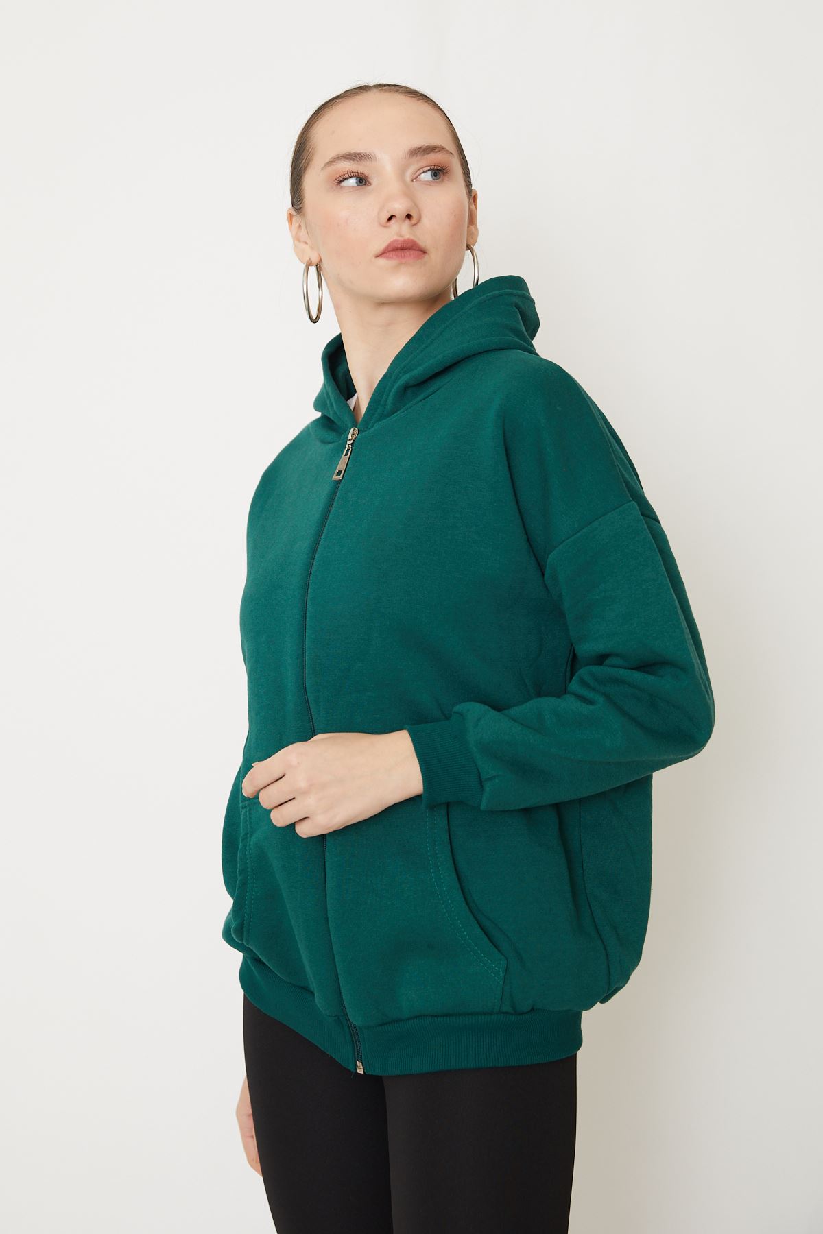 Fermuarlı Sweatshirt-Zümrüt Yeşil