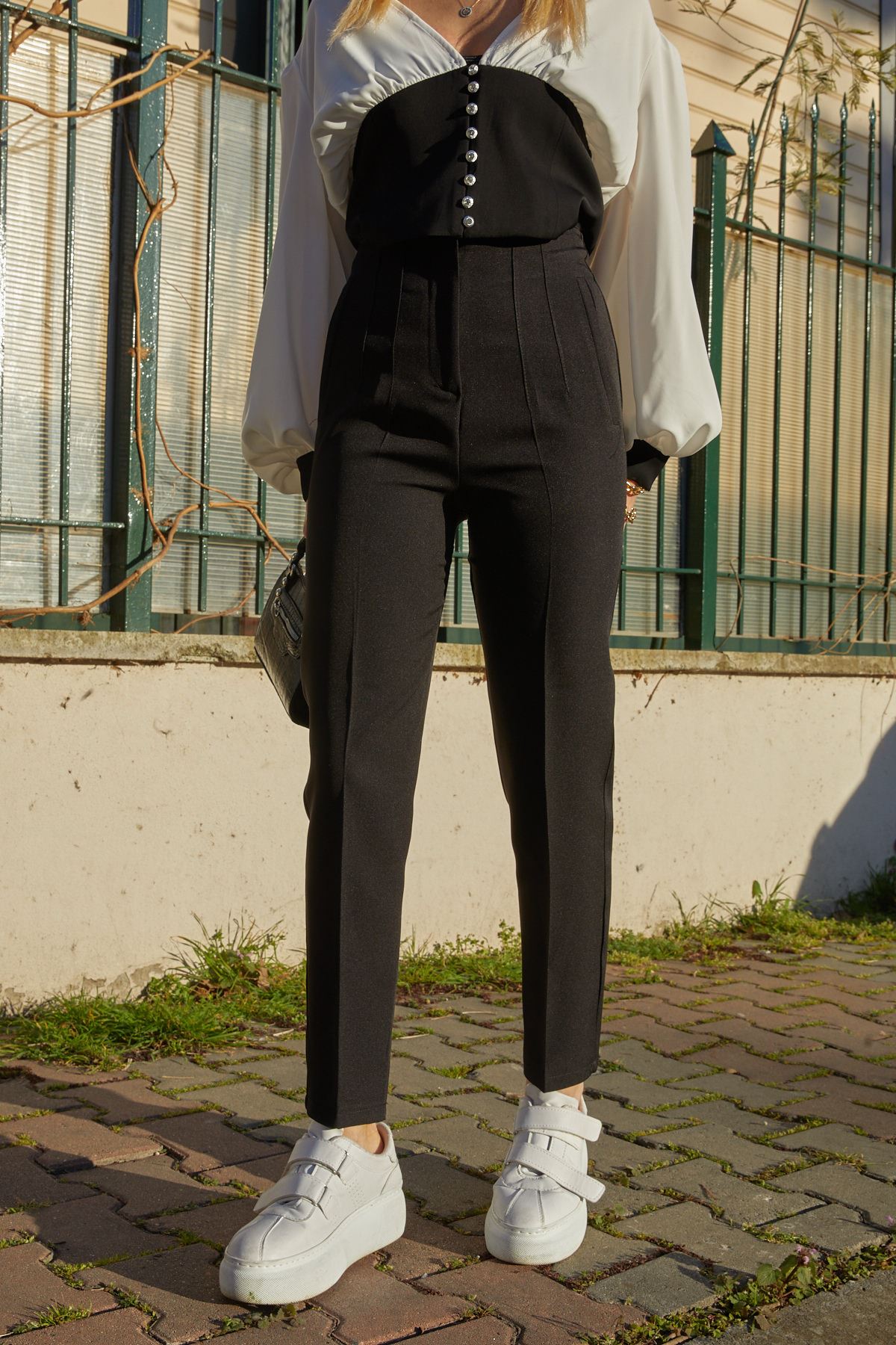 Fermuarlı Yüksek Bel Pantolon-Siyah
