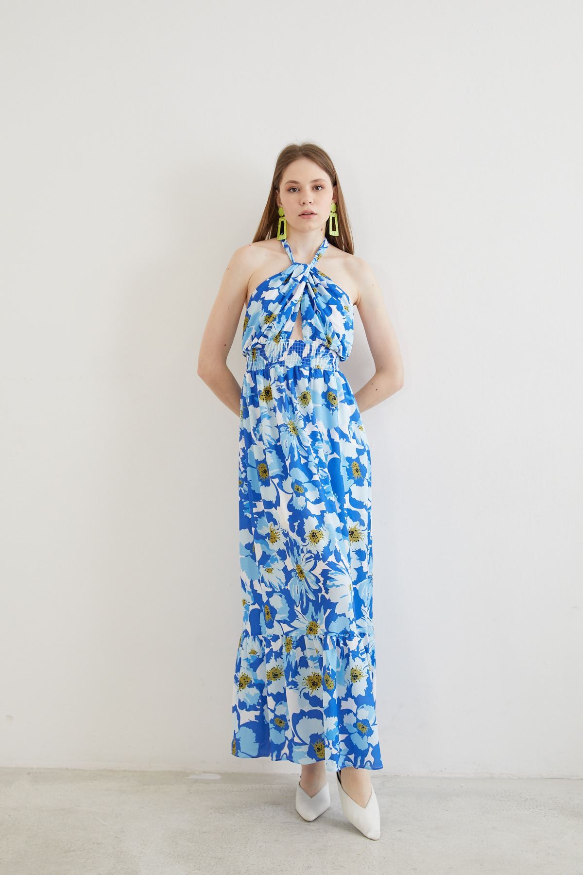 Çiçek Desen Elbise-Mavi