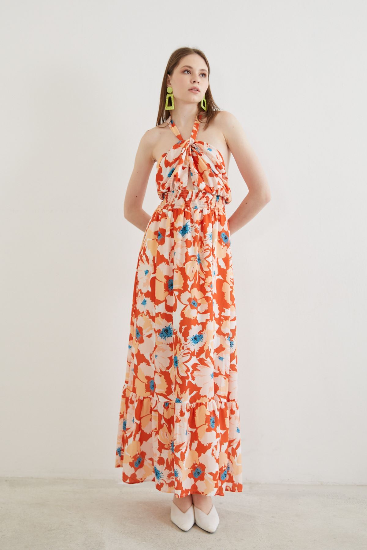 Çiçek Desen Elbise-Oranj