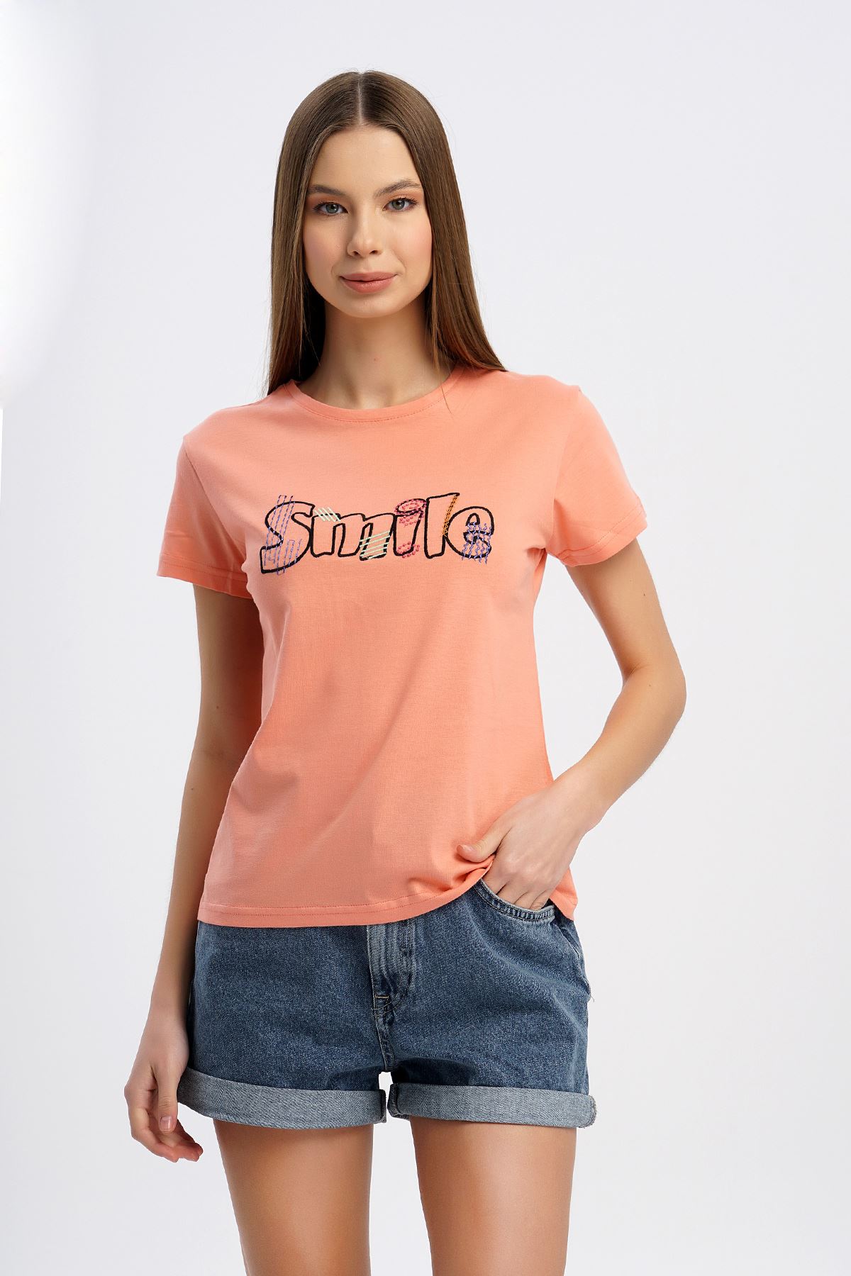 Smile Nakışlı T-shirt-Somon