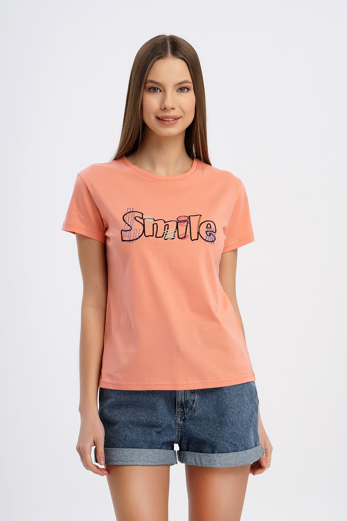 Smile Nakışlı T-shirt-Somon