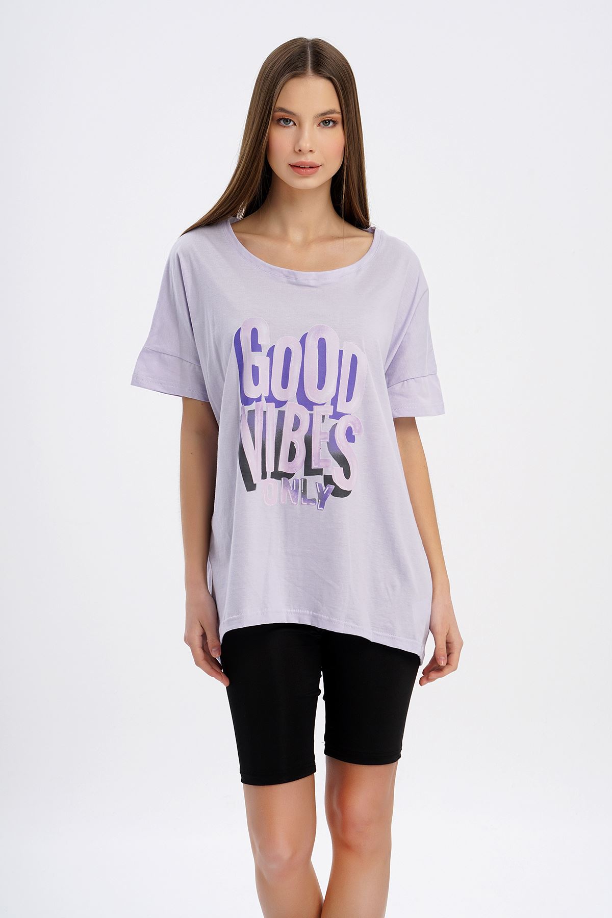 Good Vibes Baskılı T-shirt-Lila