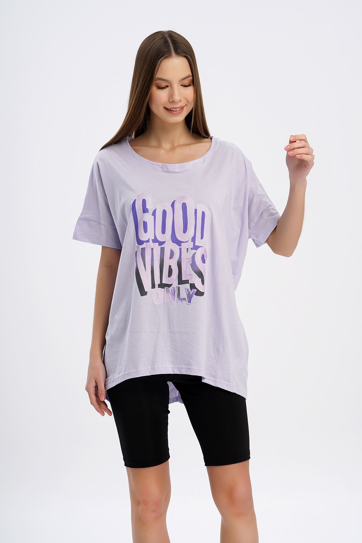 Good Vibes Baskılı T-shirt-Lila