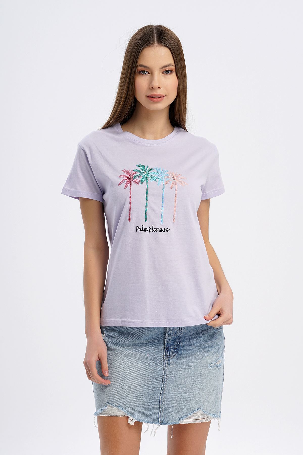Boncuk Detay T-shirt-Lila