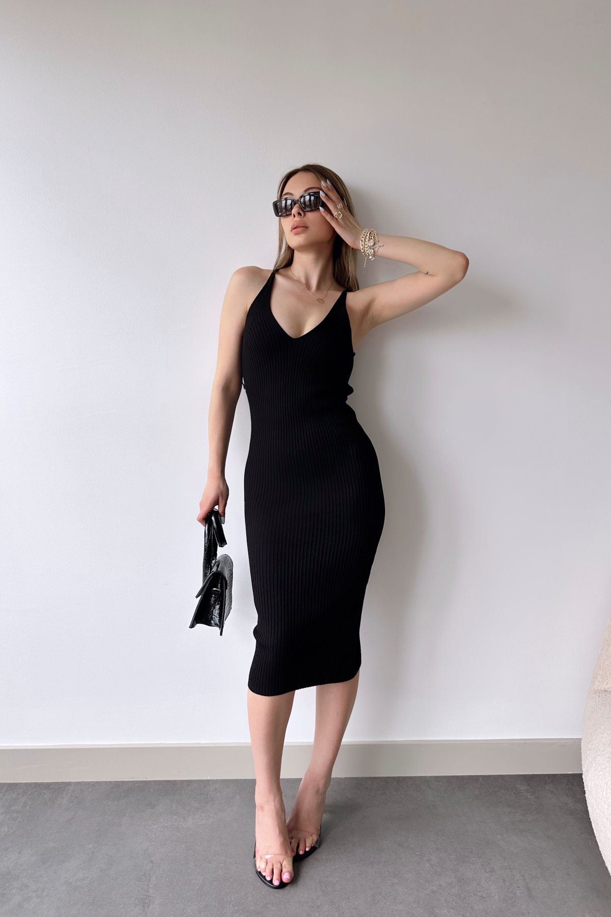 Askılı Triko Elbise-Siyah