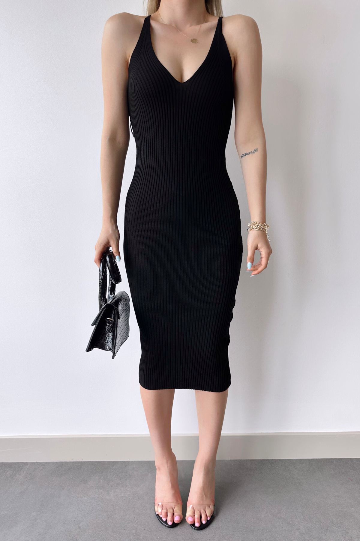 Askılı Triko Elbise-Siyah