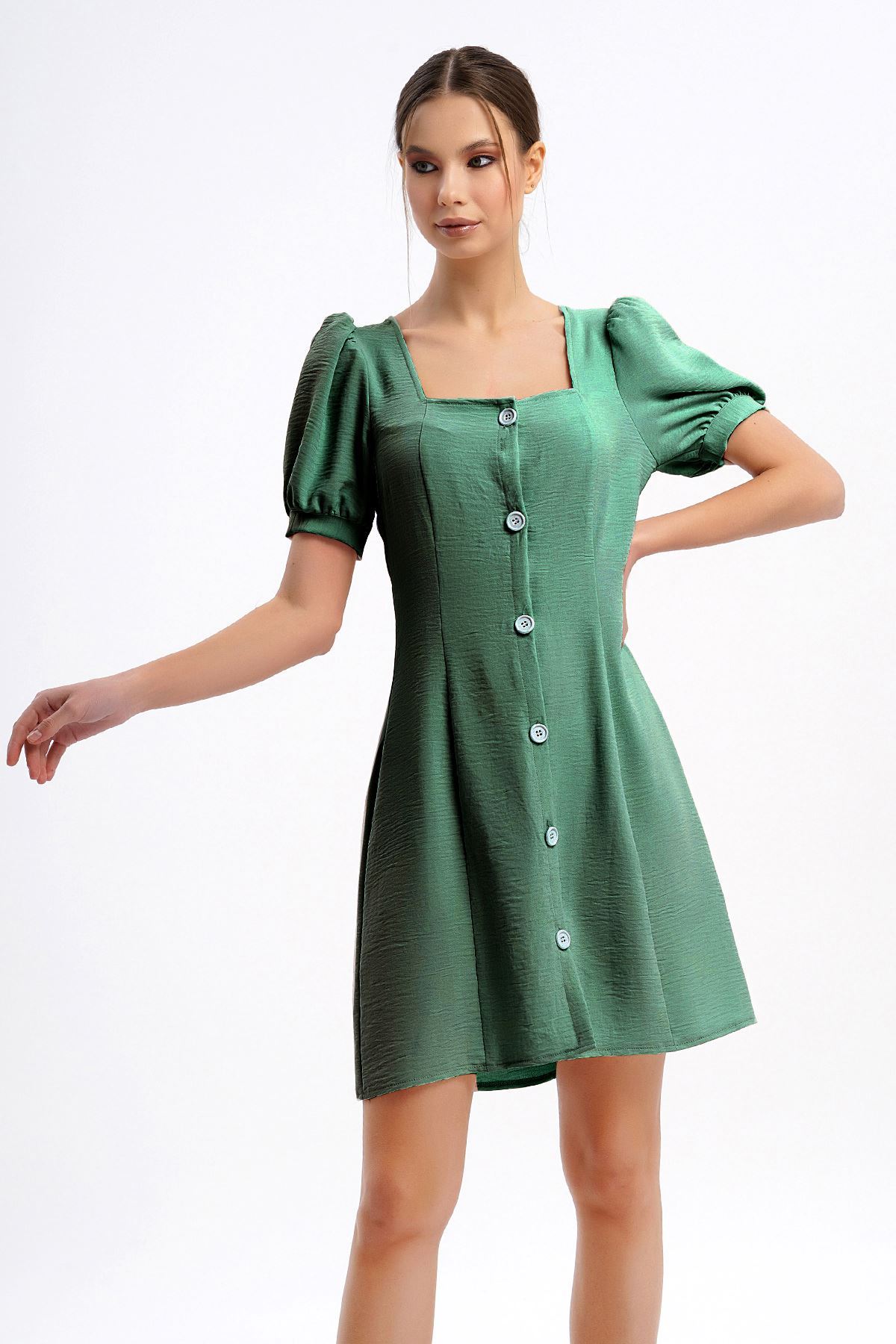 Düğmeli Elbise-Yeşil
