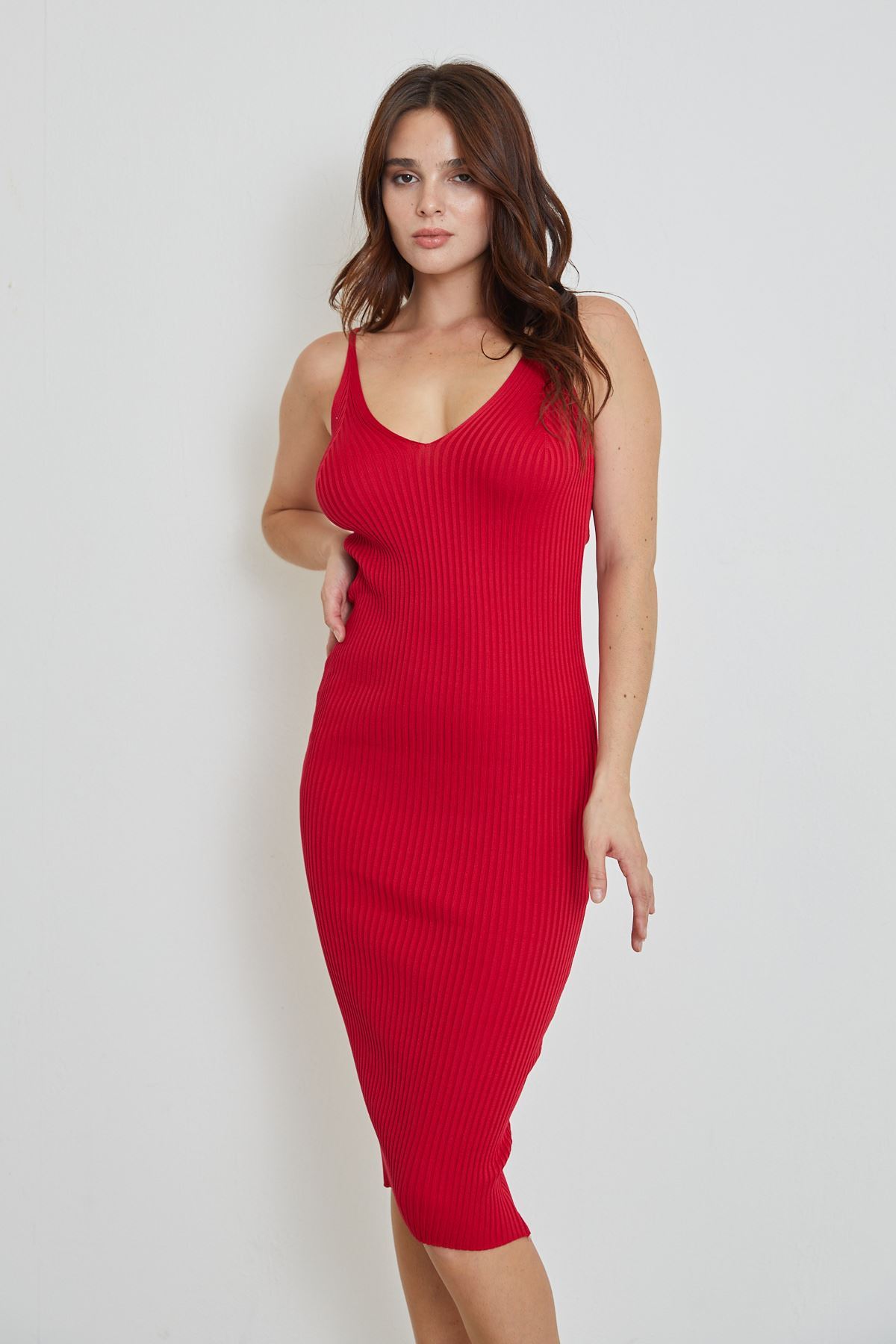 Askılı Triko Elbise-Kırmızı