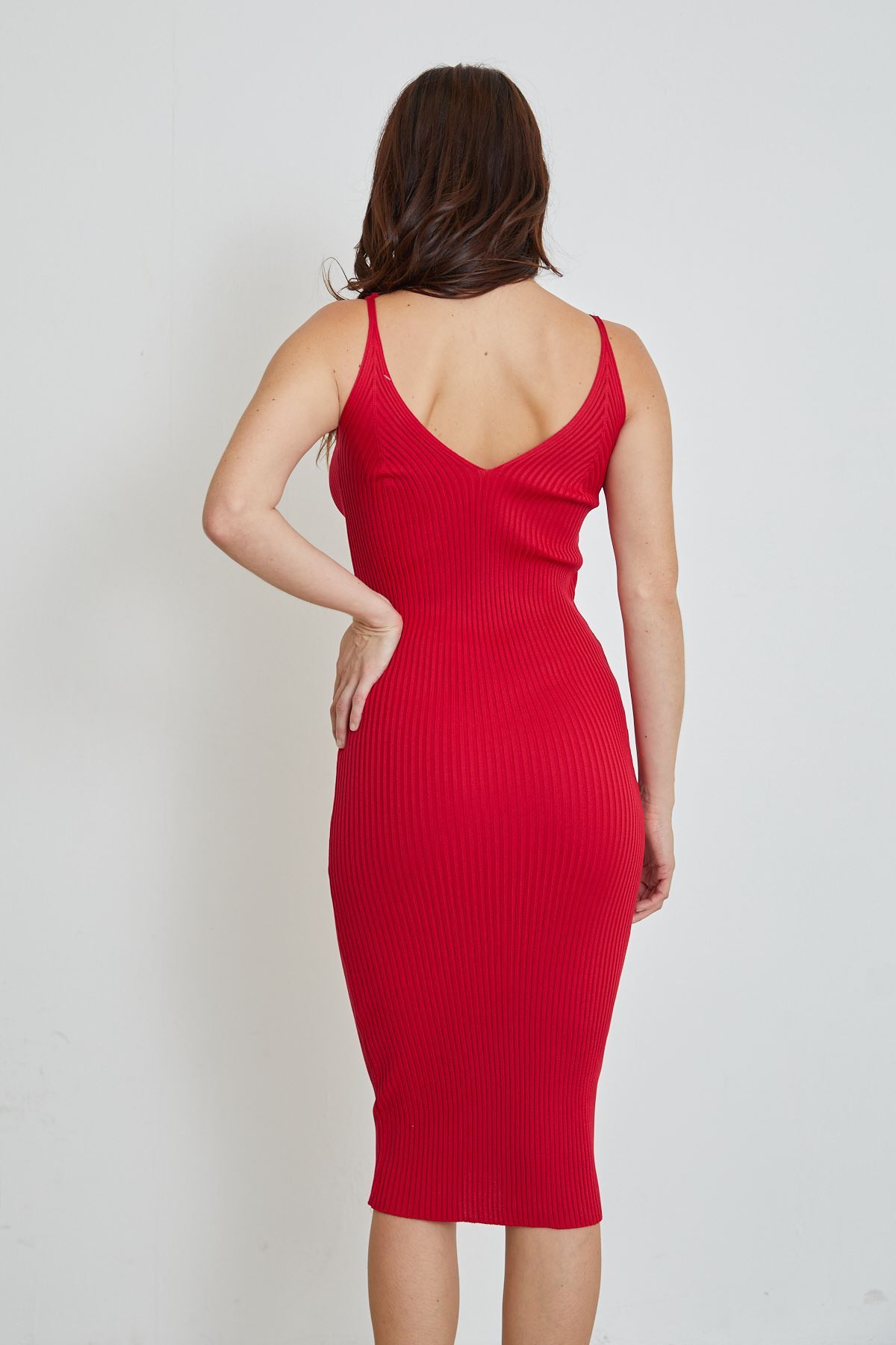 Askılı Triko Elbise-Kırmızı